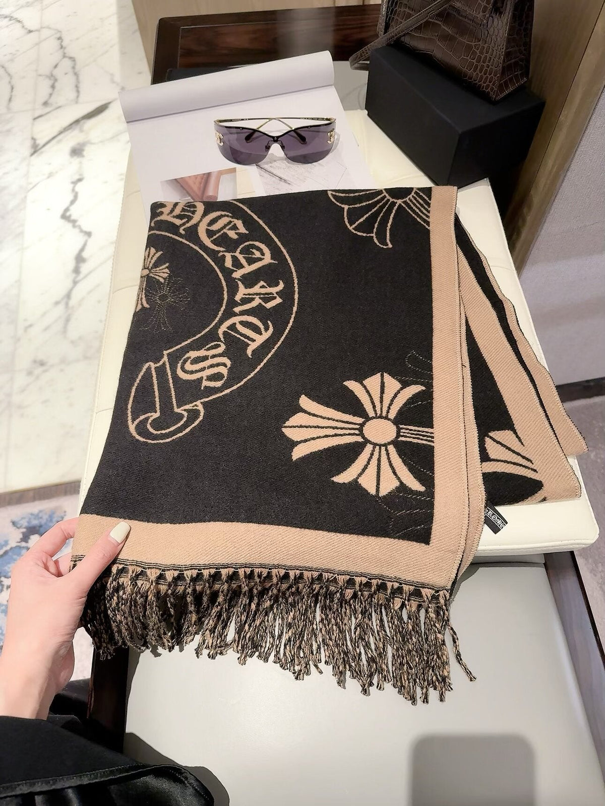 Chrome Hearts Style Cross Emblem Fringe Scarf product detail 6