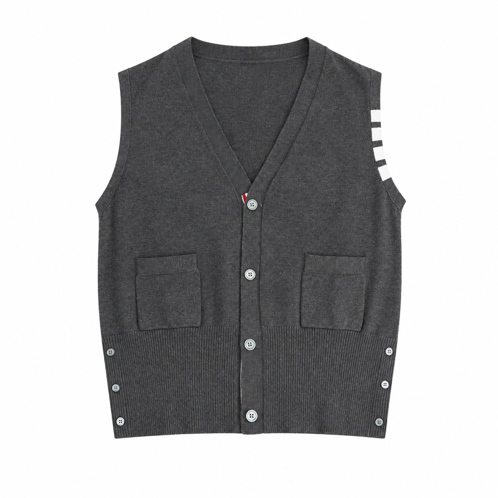 Dark gray sleeveless V-neck button vest with two pockets on a white background