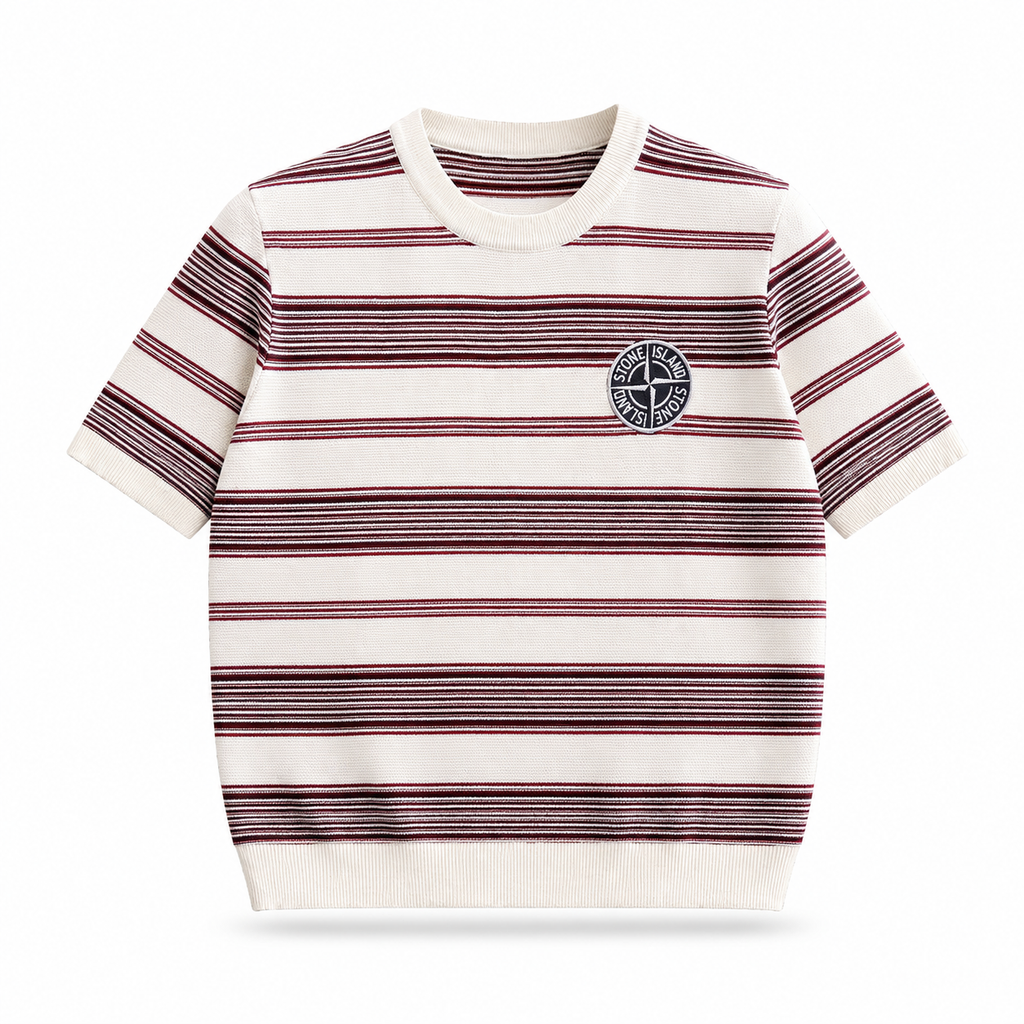 Stone Island Compass Badge Striped Knit T-Shirt - Red front view