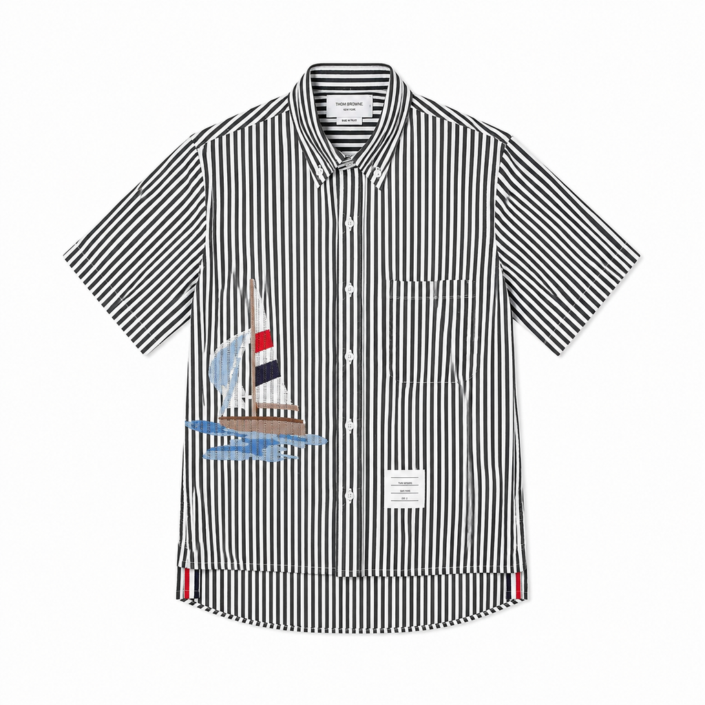 Striped Sailboat Embroidered Shirt — Unisex Short-Sleeve | Thom Browne
