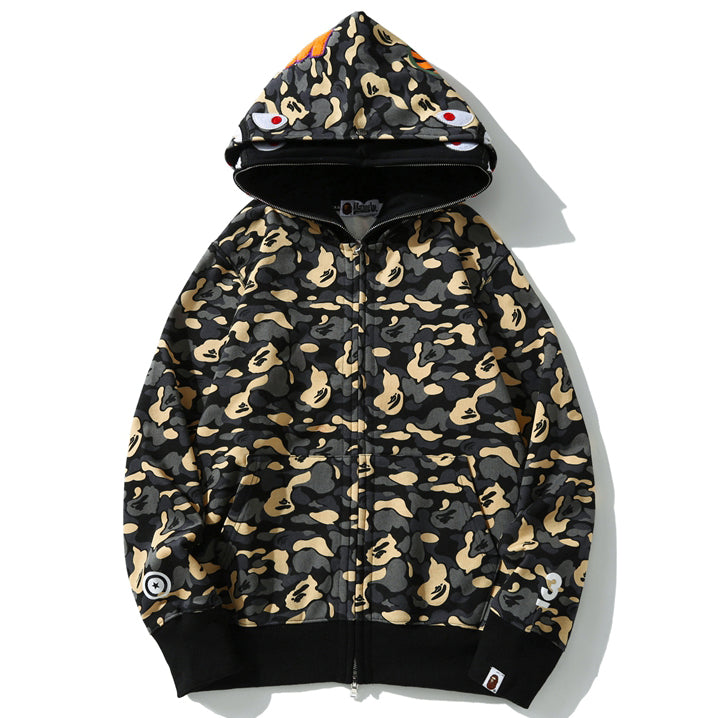 BAPE Black Camo Double-Hood Shark Zip Hoodie product image