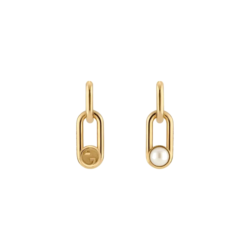 Gucci Dangling Pearl Earrings on pure white background