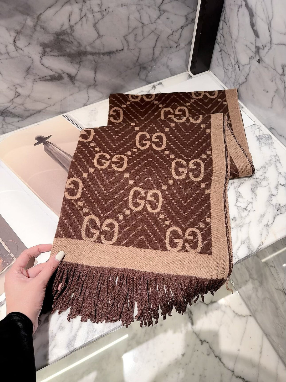 Gucci Style GG Herringbone Fringe Scarf product detail 4