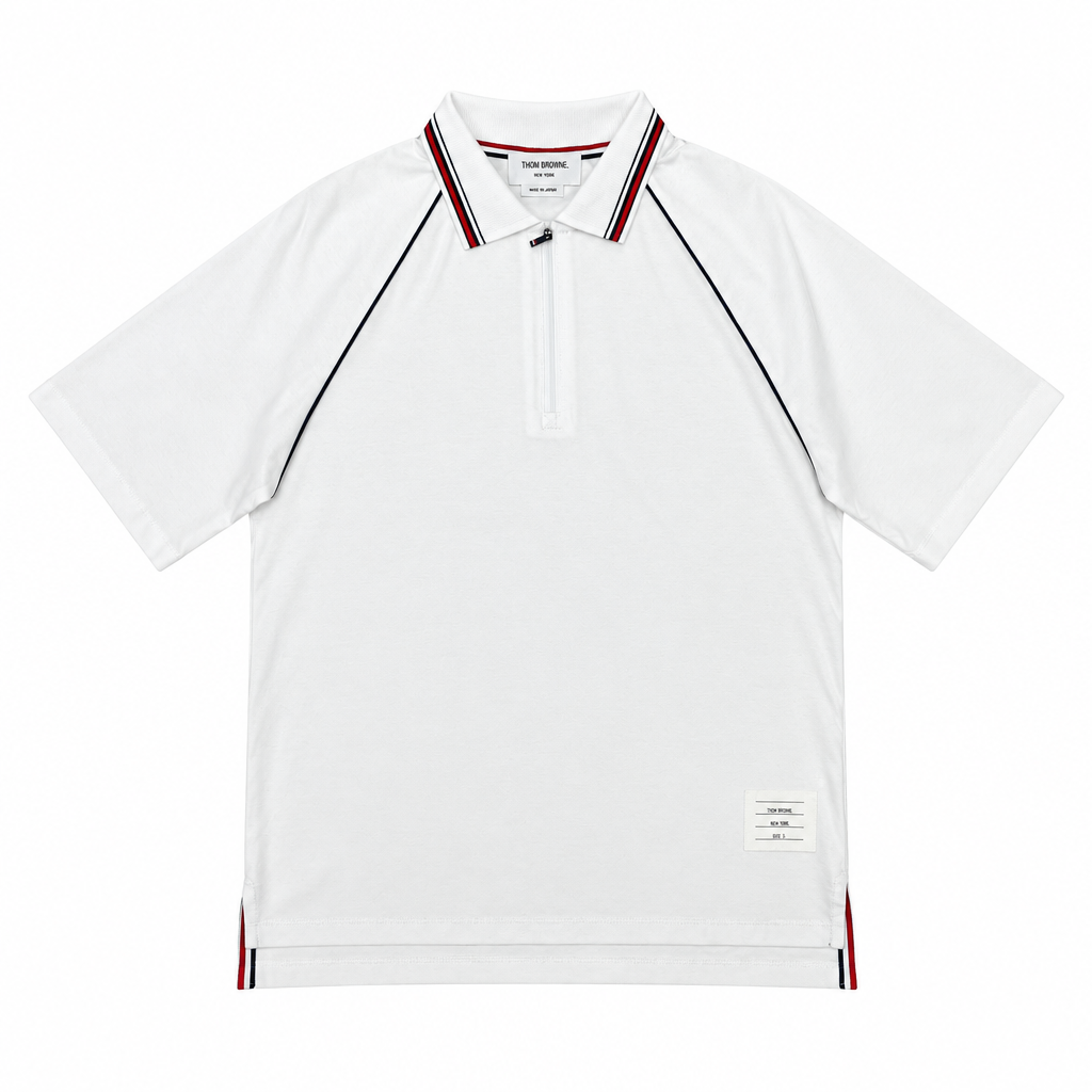 White short-sleeve zip polo with striped raglan detailing on a white background