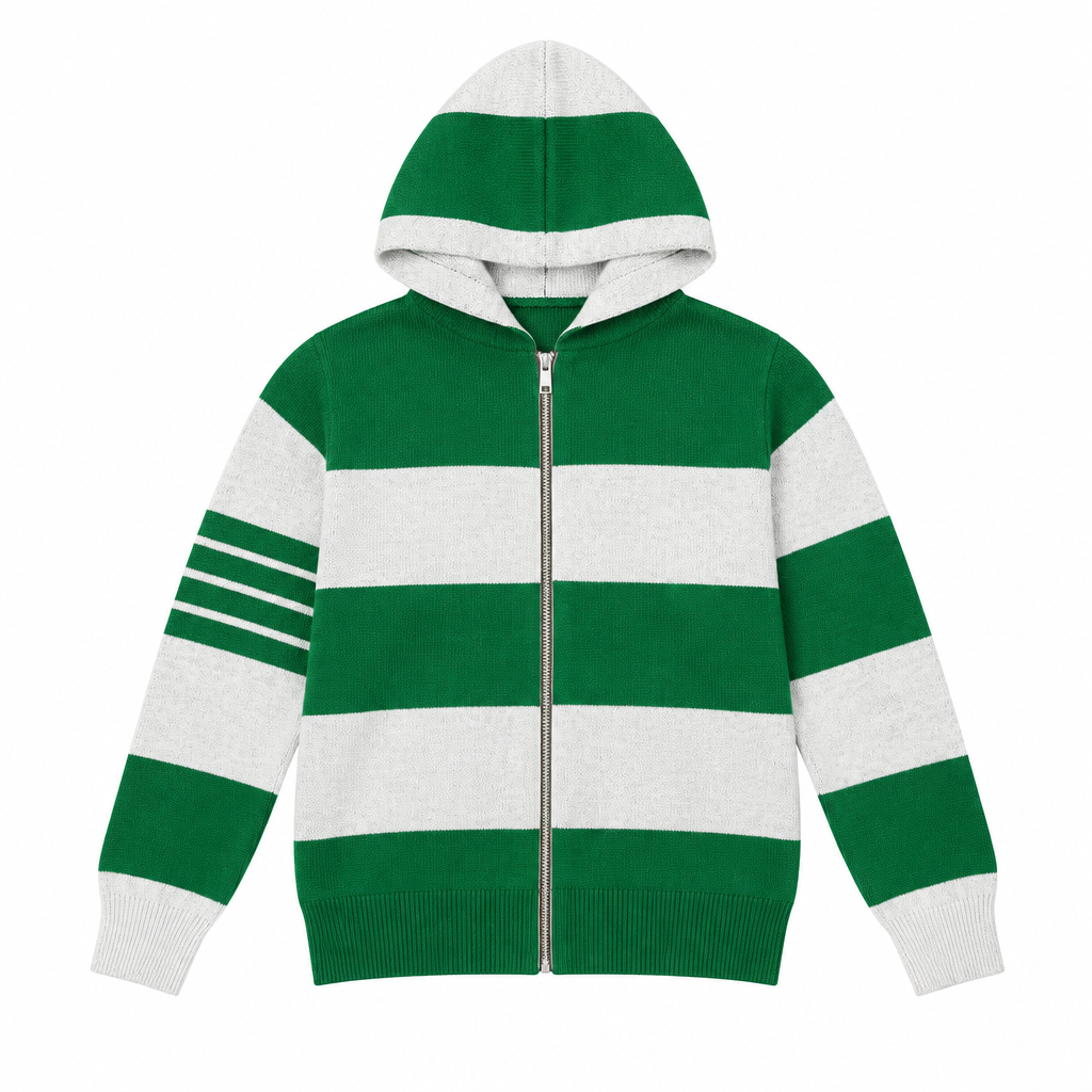 Green and white striped zip-up knit hoodie centered on a white square background