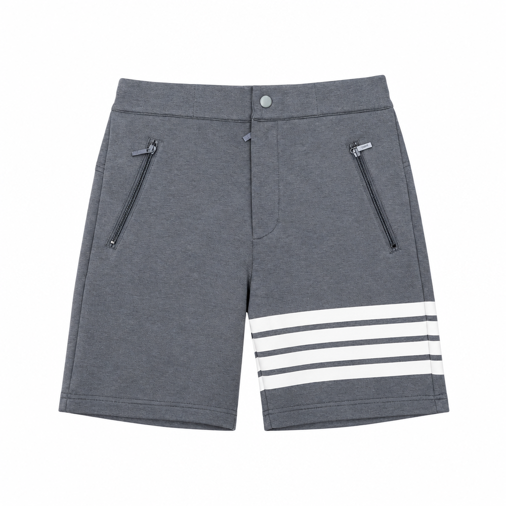 Gray knee-length shorts with four-bar stripe and zip pockets on a white square background