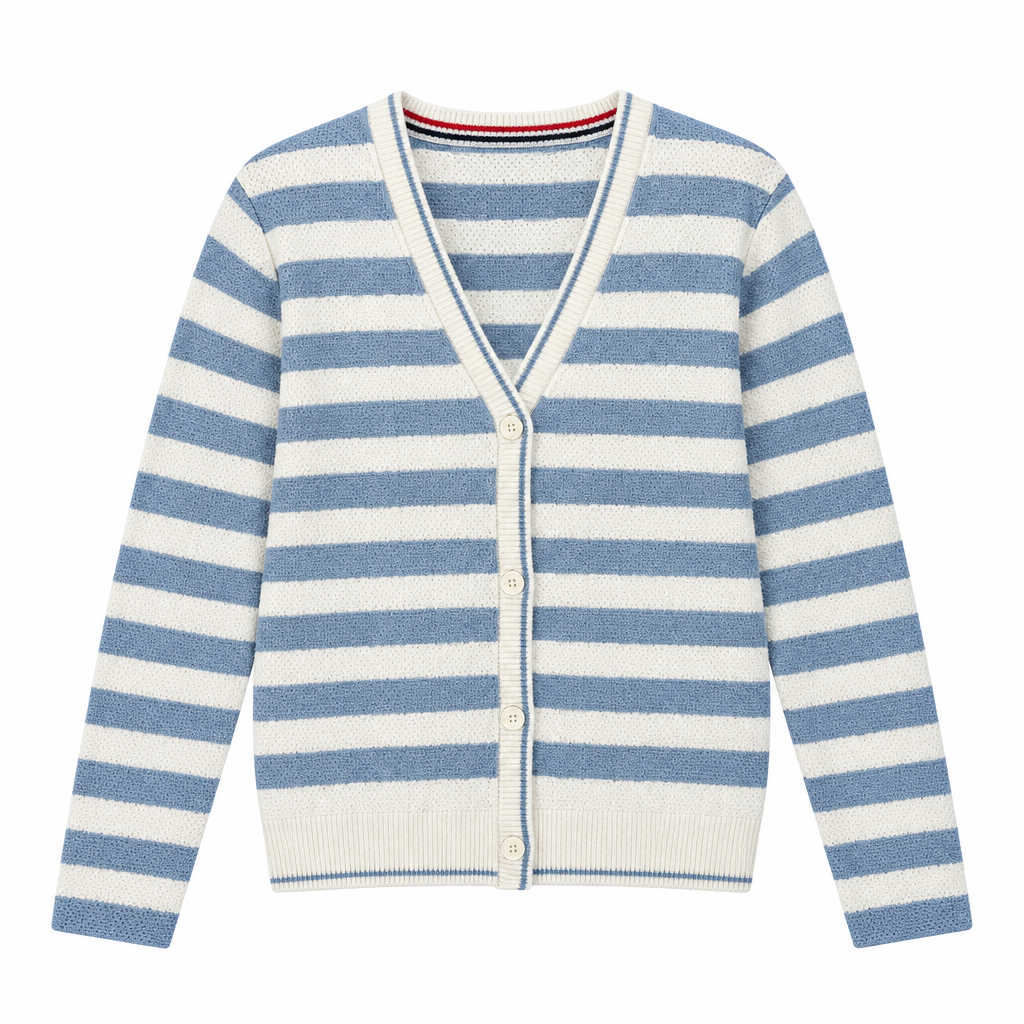 Blue and white striped V-neck button cardigan centered on a white square background