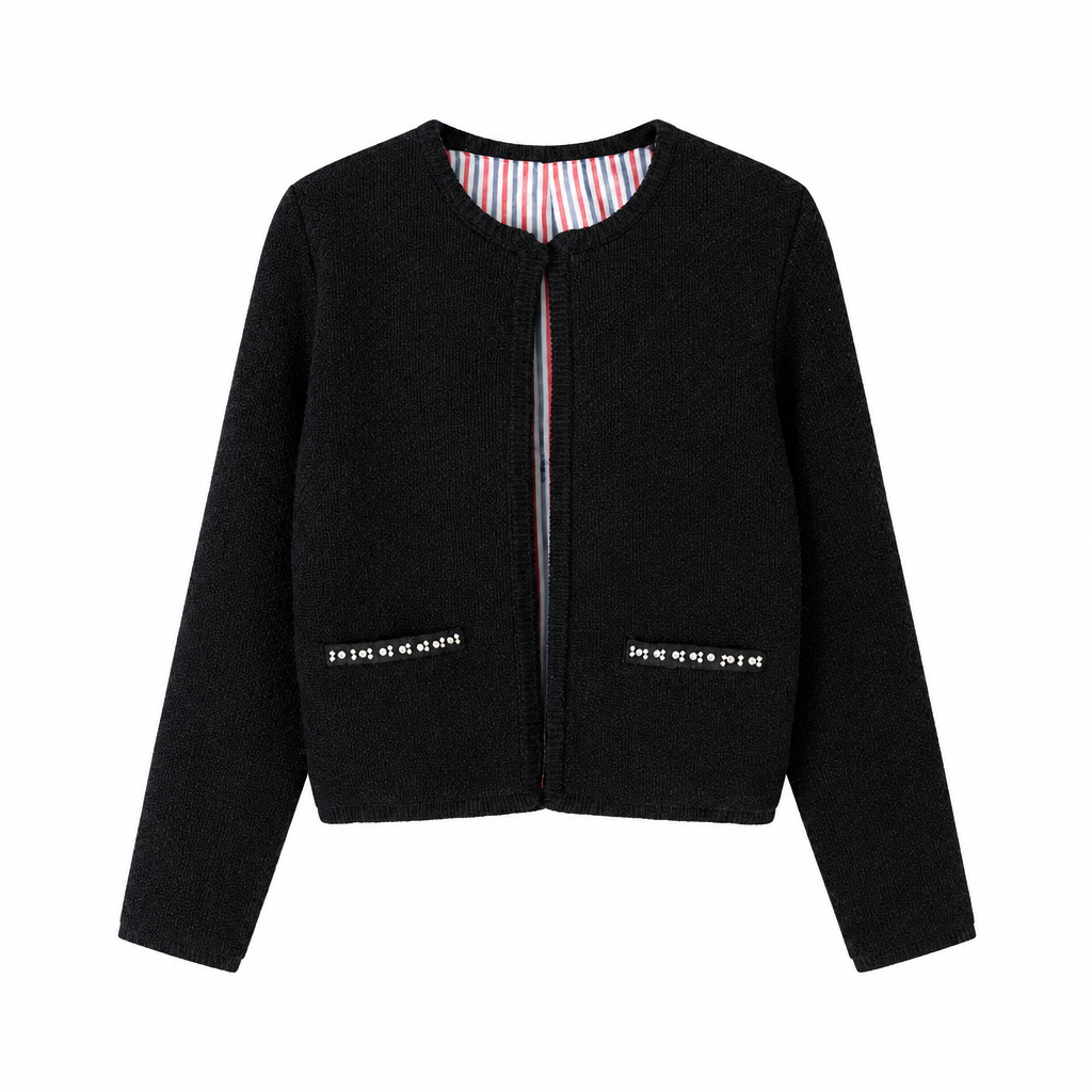 Dark cropped round-neck women's jacket on a white square background