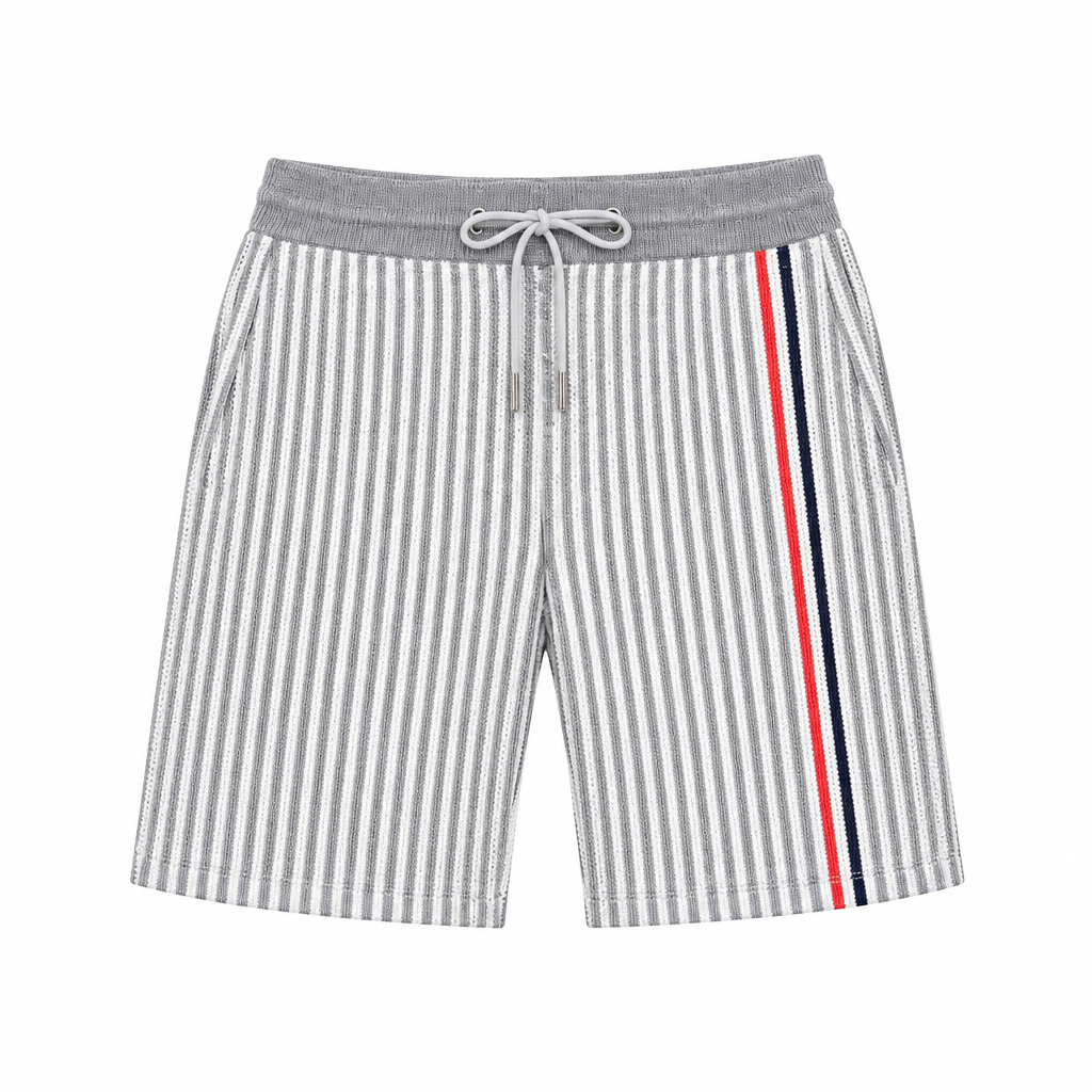 Gray striped knit shorts with drawstring and red navy side stripes on a white square background