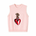 Pink sleeveless knit vest with dog and heart motif on a white square background
