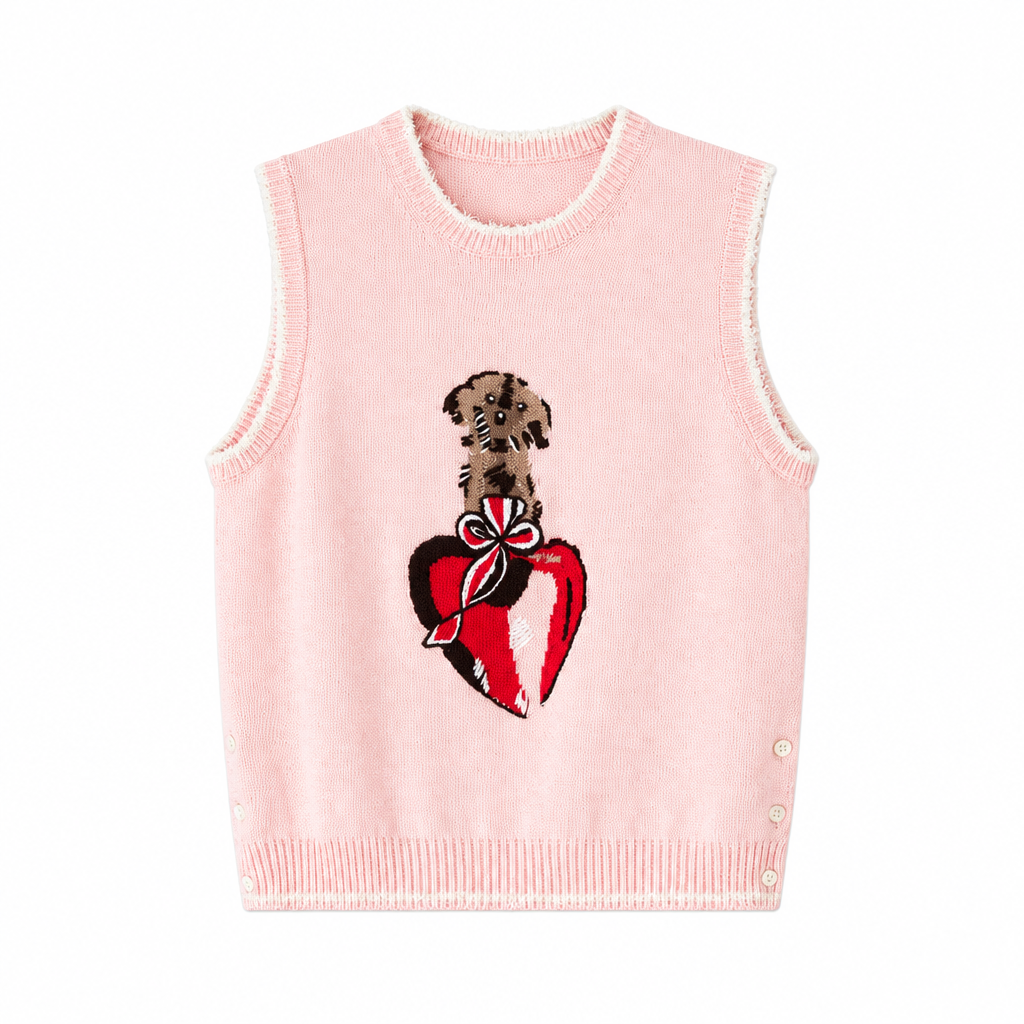 Pink sleeveless knit vest with dog and heart motif on a white square background