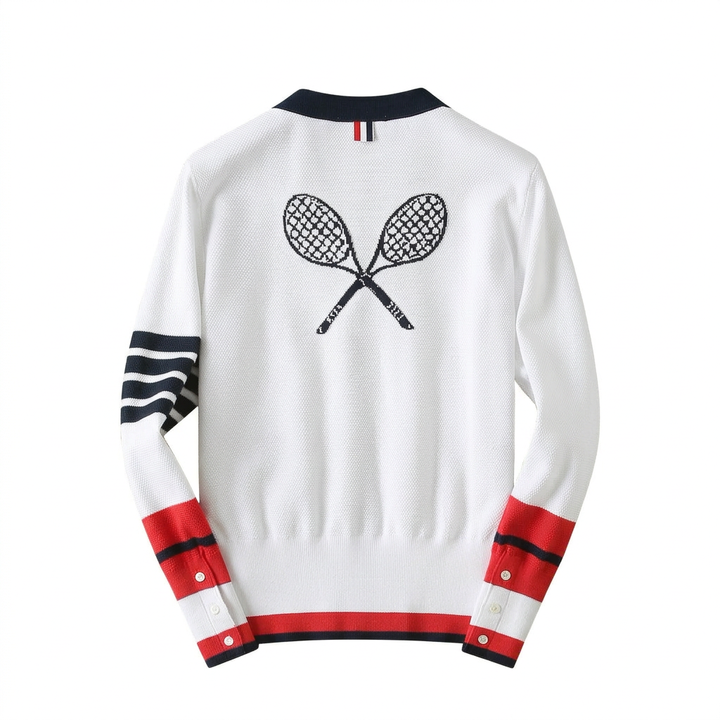 White tennis racket cardigan back view with navy sleeve bars and red cuffs on a pure white square background
