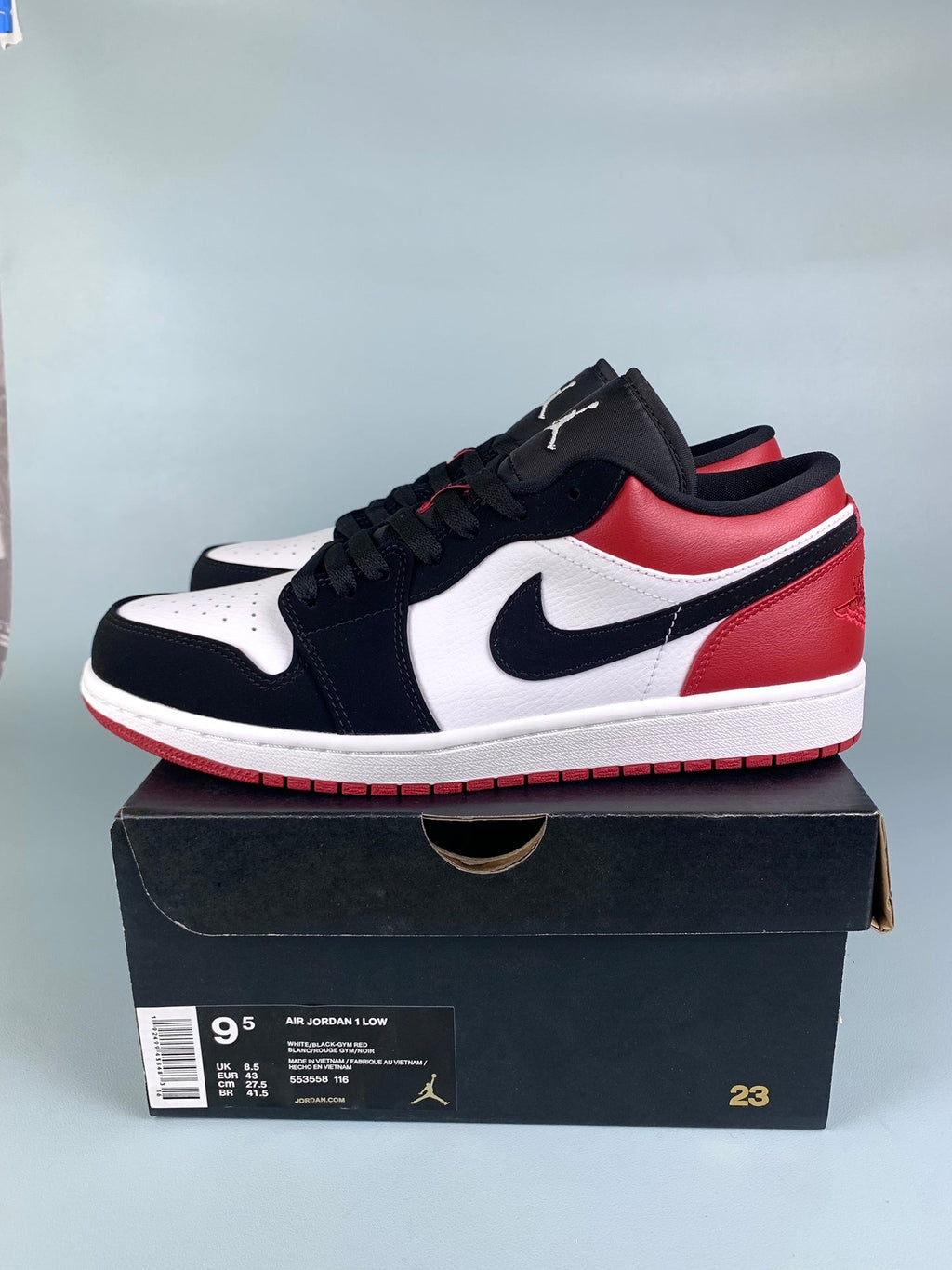 Air Jordan 1 Low Black and Red Toe 553558-116 Unisex Sneakers detail view 2