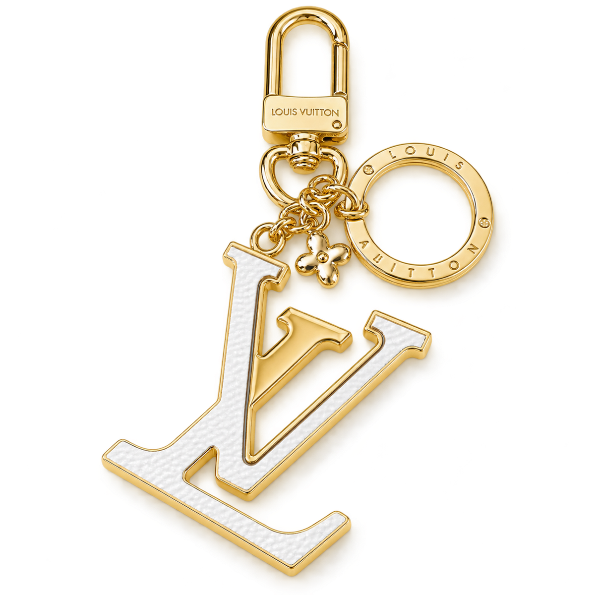 Louis Vuitton Brass Flower Bag Charm Keychain on white background