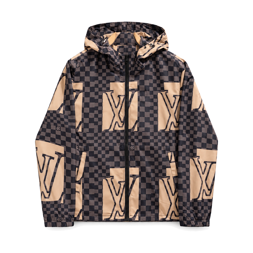 Brown Check Digital Hooded Windbreaker front product view on white background