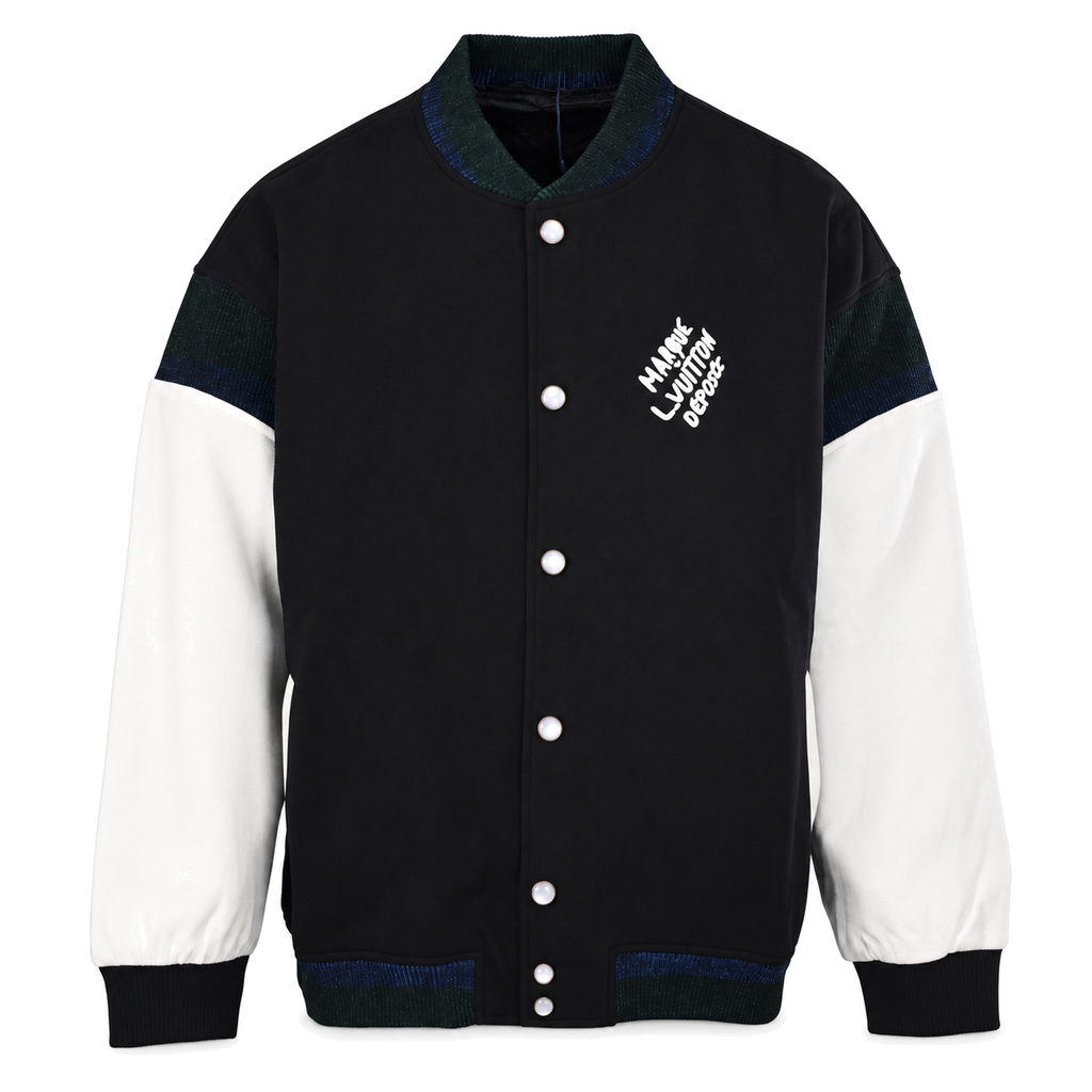 Black White Leather-Panel Varsity Jacket front product view on white background