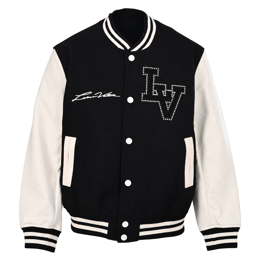 Pearl-Embroidered Varsity Jacket front product view on white background