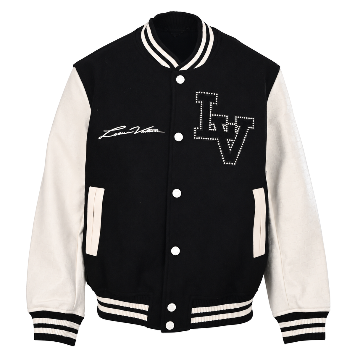 Pearl-Embroidered Varsity Jacket front product view on white background