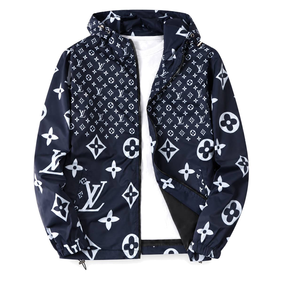 Navy White Monogram Hooded Windbreaker front product view on white background