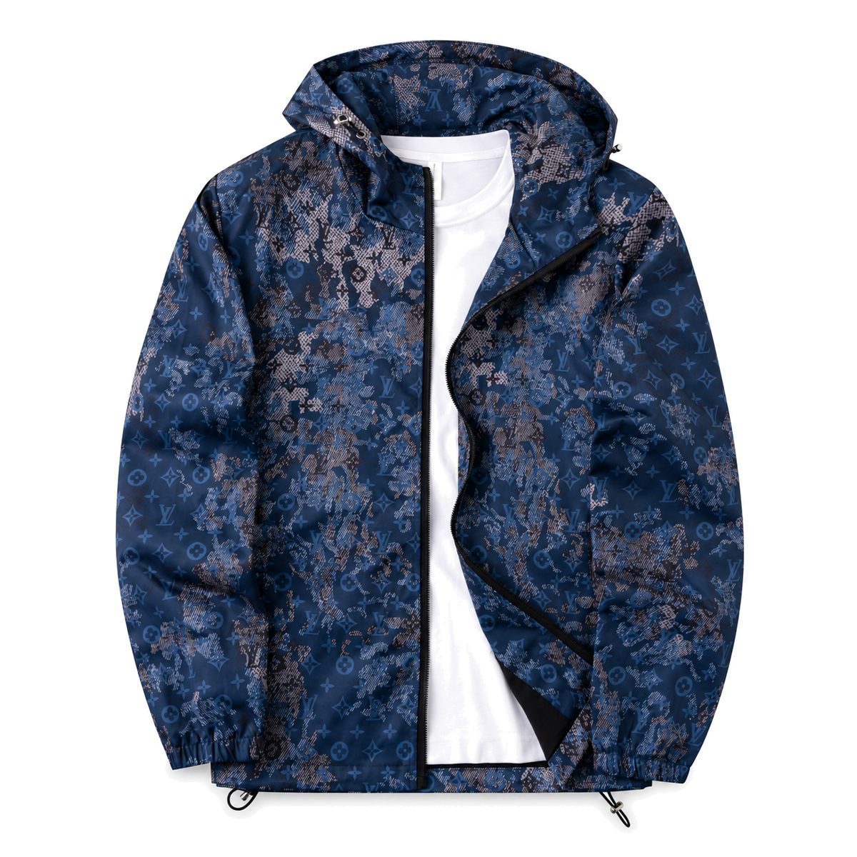 Blue Floral Digital Hooded Windbreaker front product view on white background