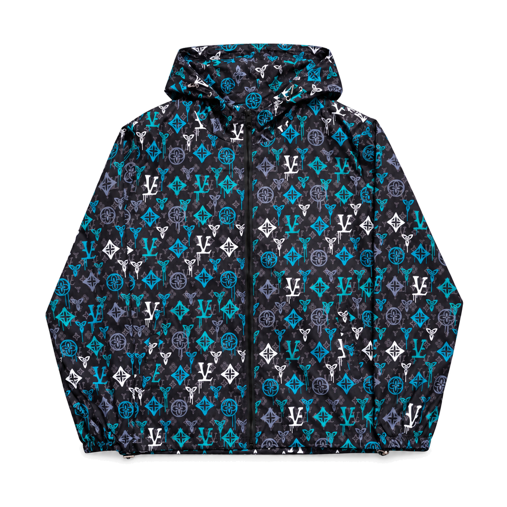 Teal Monogram Hooded Windbreaker front product view on white background