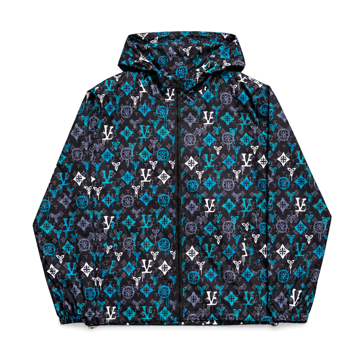 Teal Monogram Hooded Windbreaker front product view on white background