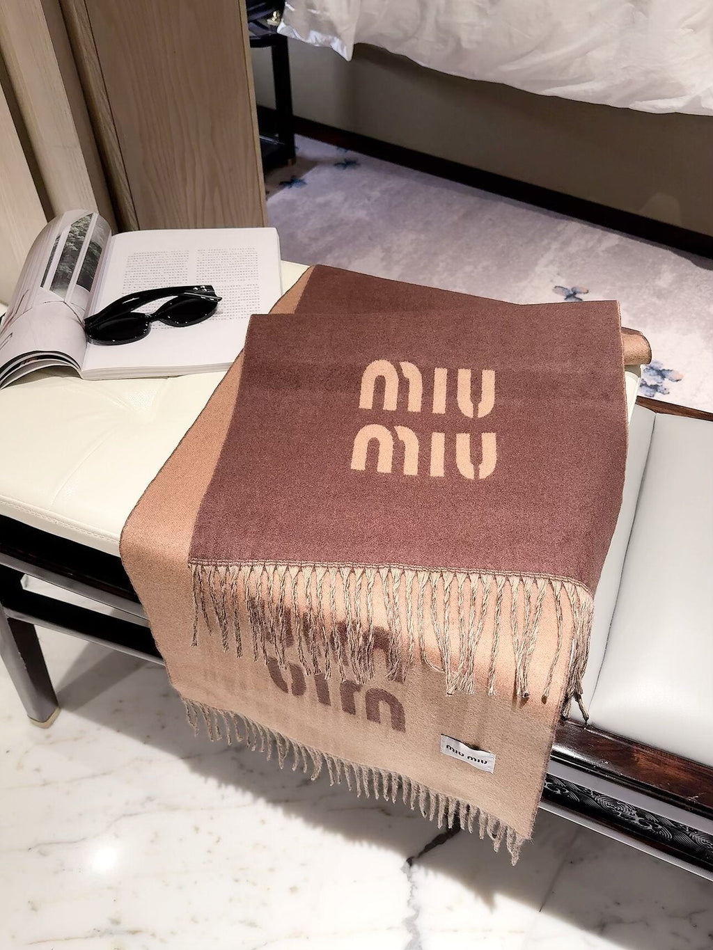 Miu Miu Style Oversized Logo Fringe Scarf product detail 3