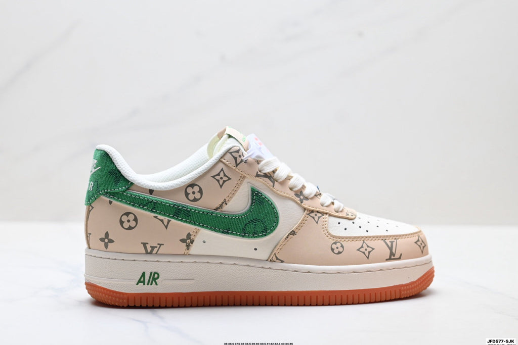 Nike Air Force 1 Low Beige Green Monogram Print Unisex Sneakers Style 12 detail view 2