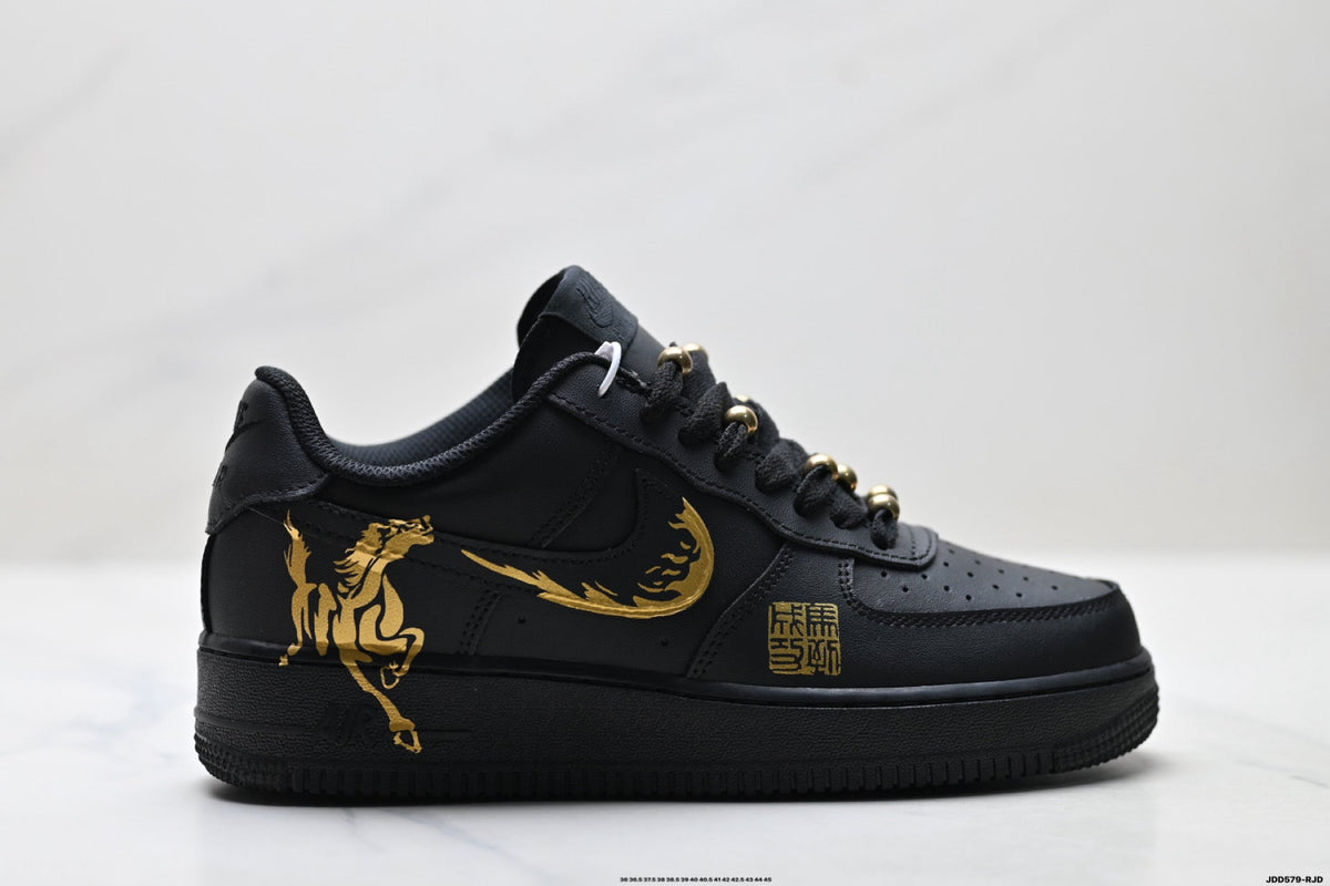 Nike Air Force 1 Low Black Gold Graphic Unisex Sneakers Style 14 detail view 2