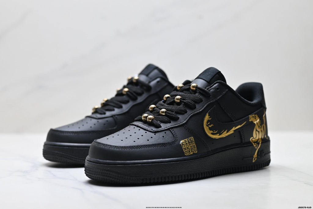 Nike Air Force 1 Low Black Gold Graphic Unisex Sneakers Style 14 detail view 5