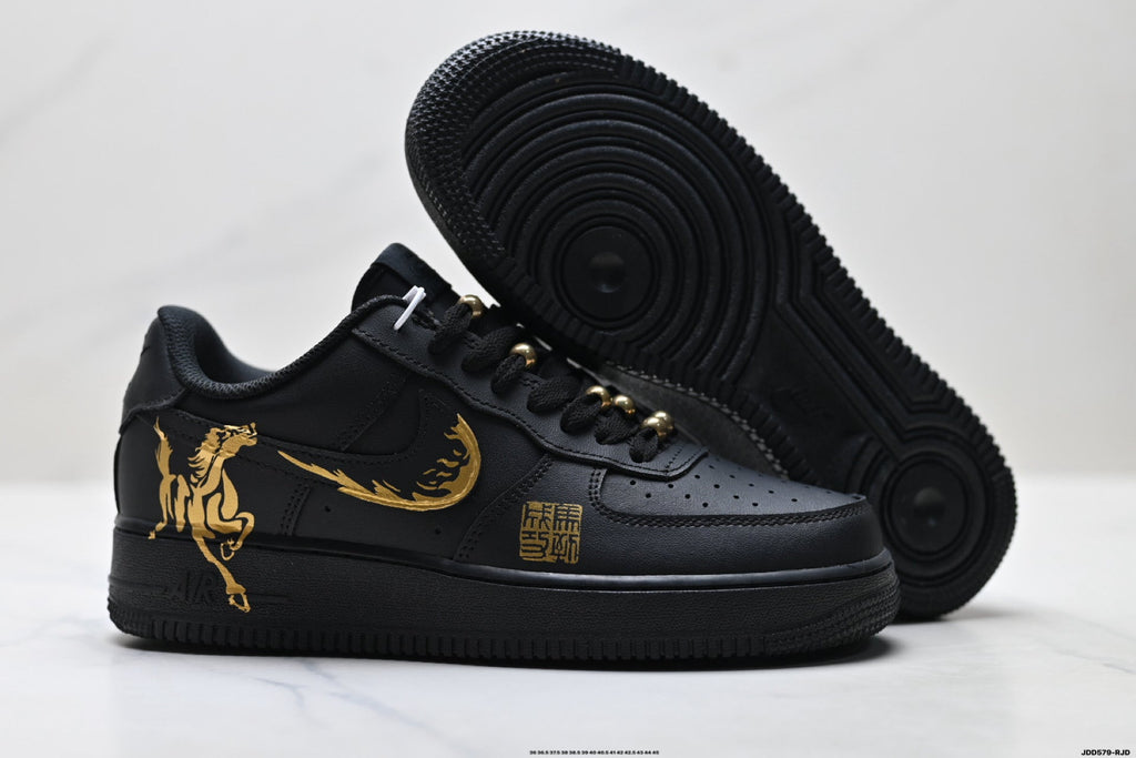 Nike Air Force 1 Low Black Gold Graphic Unisex Sneakers Style 14 detail view 6