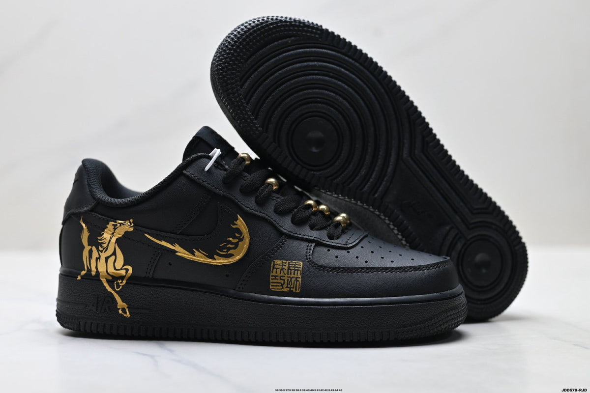 Nike Air Force 1 Low Black Gold Graphic Unisex Sneakers Style 14 detail view 6