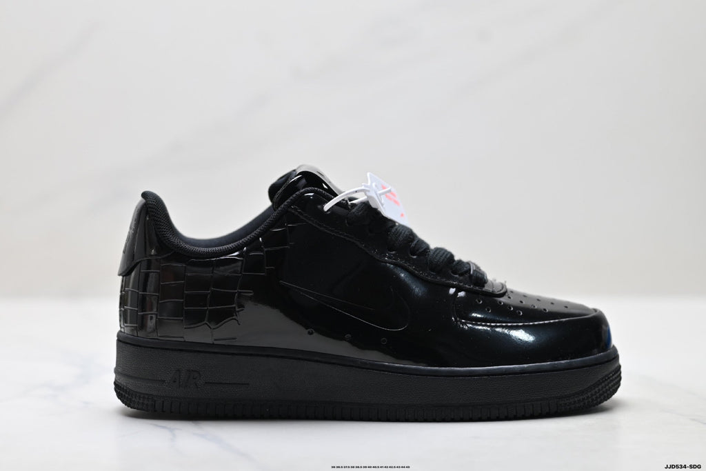 Nike Air Force 1 Low Black Patent Tonal Unisex Sneakers Style 04 detail view 2