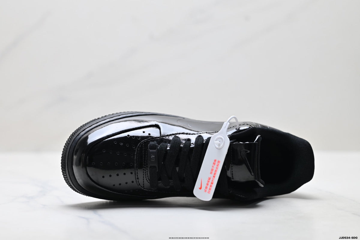 Nike Air Force 1 Low Black Patent Tonal Unisex Sneakers Style 04 detail view 3