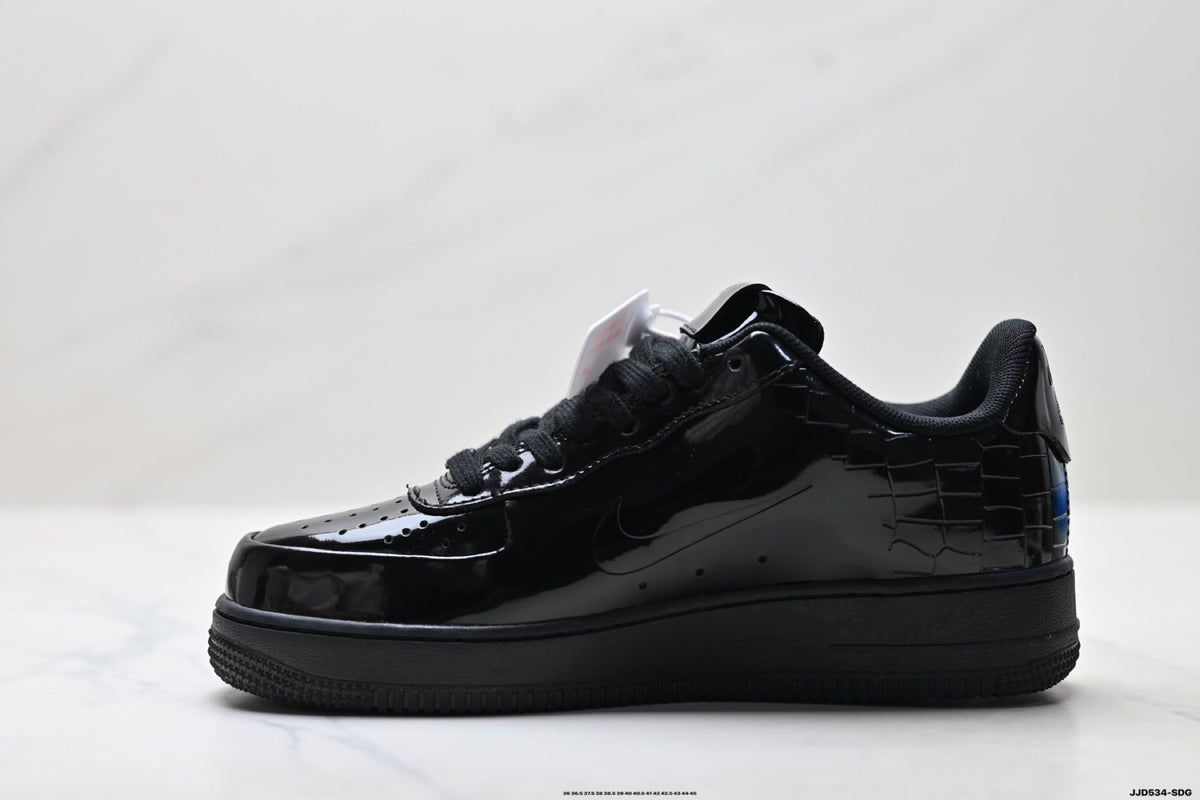 Nike Air Force 1 Low Black Patent Tonal Unisex Sneakers Style 04 detail view 4