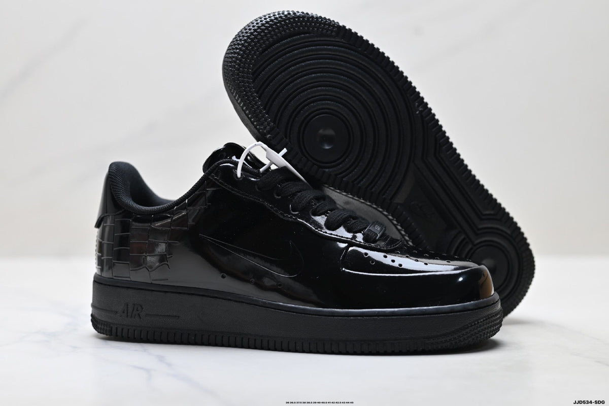 Nike Air Force 1 Low Black Patent Tonal Unisex Sneakers Style 04 detail view 6