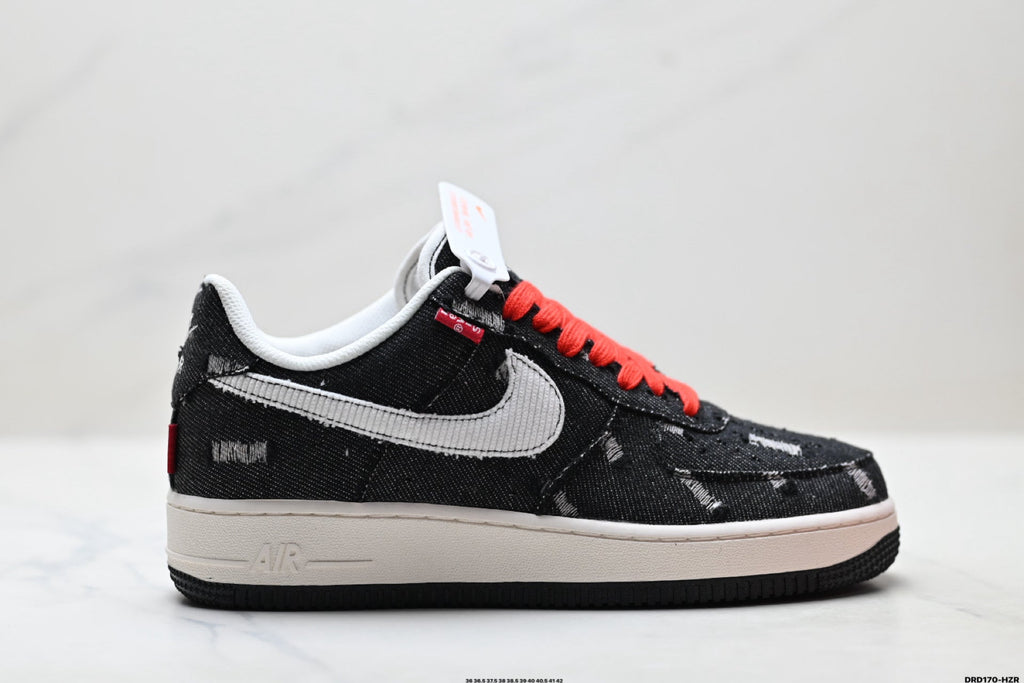 Nike Air Force 1 Low Black White Red Lace Unisex Sneakers Style 03 detail view 2
