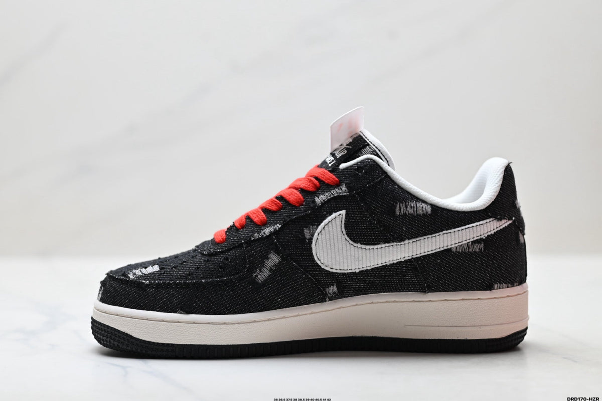 Nike Air Force 1 Low Black White Red Lace Unisex Sneakers Style 03 detail view 4