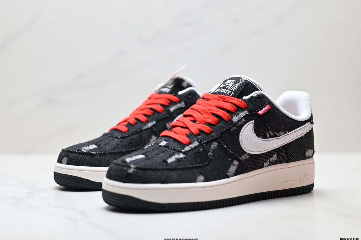 Nike Air Force 1 Low Black White Red Lace Unisex Sneakers Style 03 detail view 5