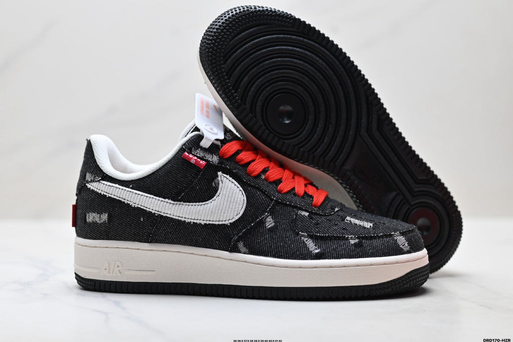 Nike Air Force 1 Low Black White Red Lace Unisex Sneakers Style 03 detail view 6