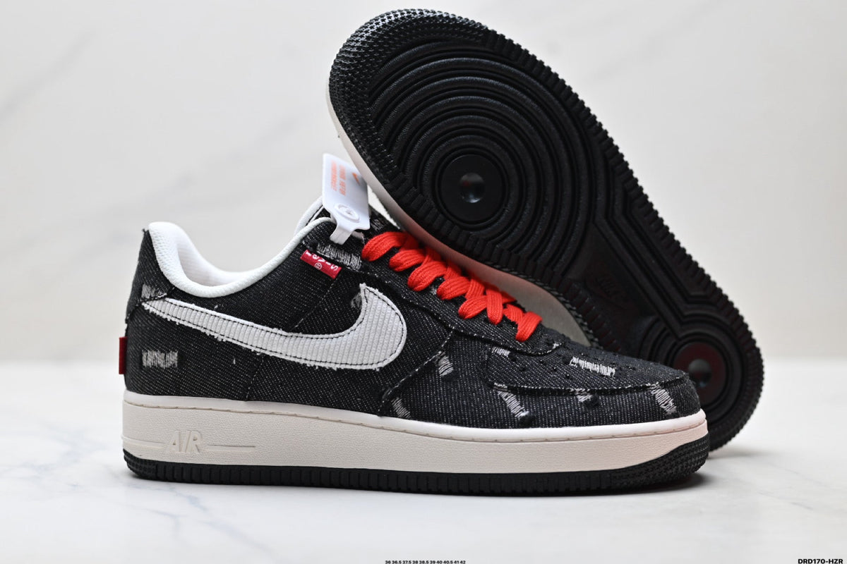 Nike Air Force 1 Low Black White Red Lace Unisex Sneakers Style 03 detail view 6