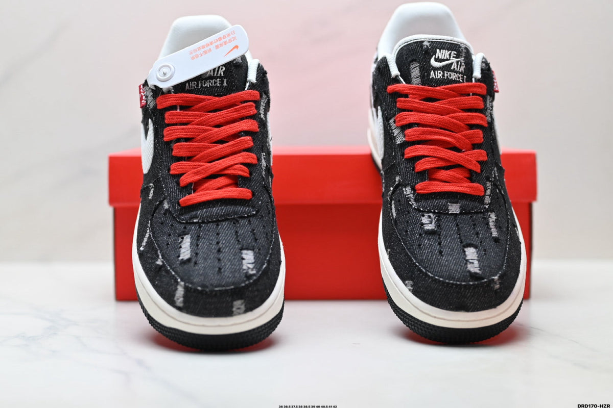 Nike Air Force 1 Low Black White Red Lace Unisex Sneakers Style 03 detail view 8