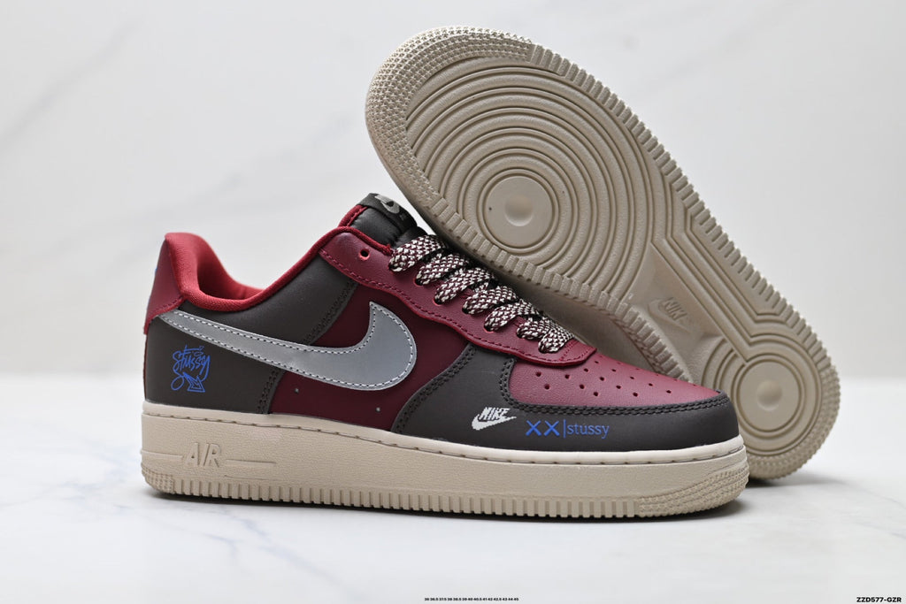 Nike Air Force 1 Low Burgundy Silver Unisex Sneakers Style 09 detail view 6