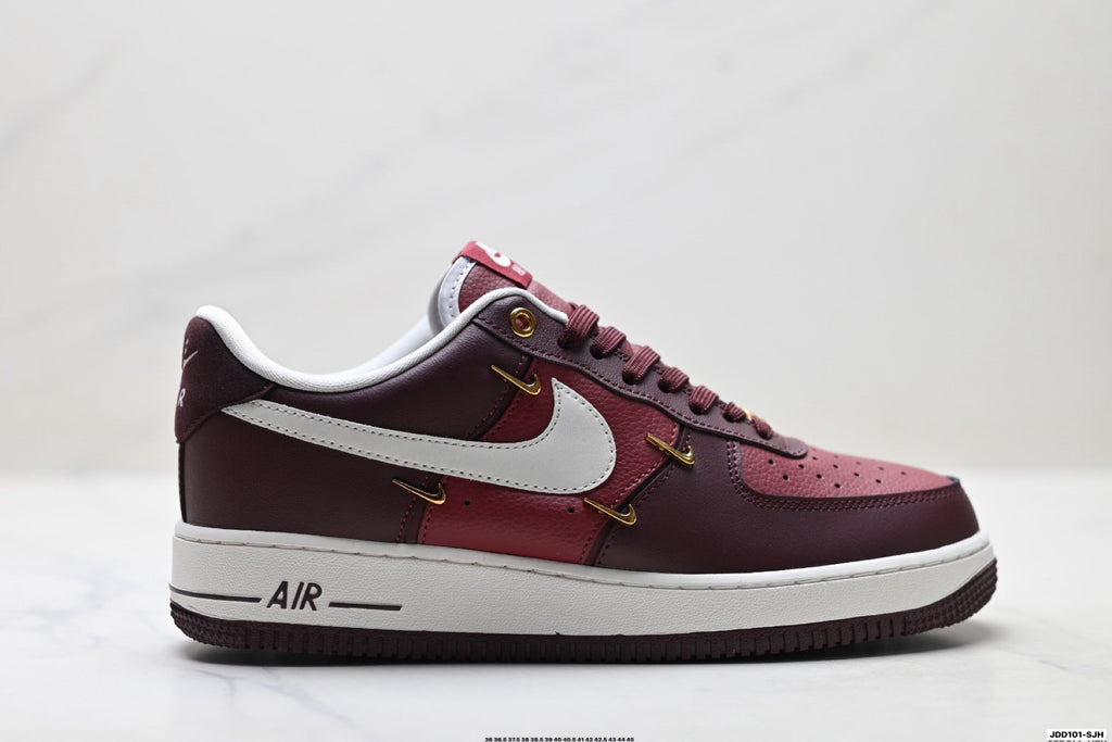 Nike Air Force 1 Low Burgundy White Gold Unisex Sneakers Style 02 detail view 2