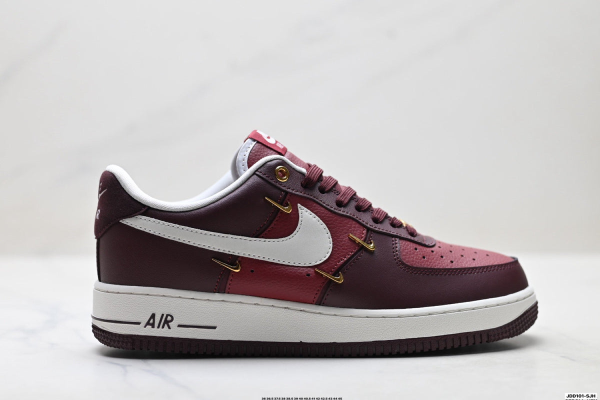 Nike Air Force 1 Low Burgundy White Gold Unisex Sneakers Style 02 detail view 2