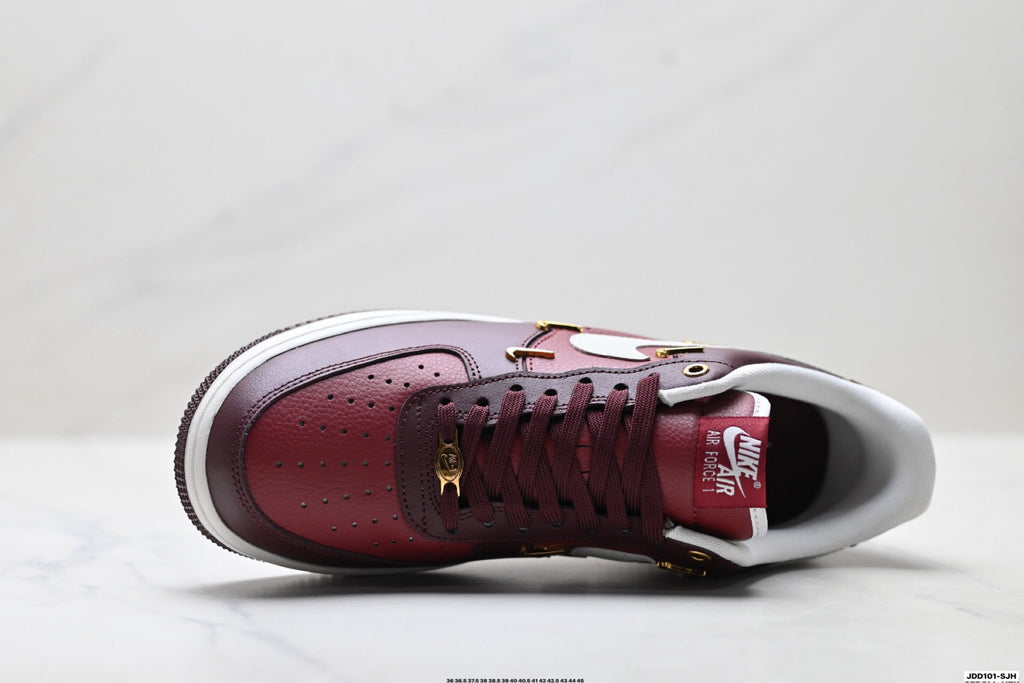 Nike Air Force 1 Low Burgundy White Gold Unisex Sneakers Style 02 detail view 3