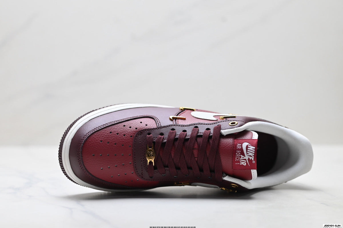 Nike Air Force 1 Low Burgundy White Gold Unisex Sneakers Style 02 detail view 3