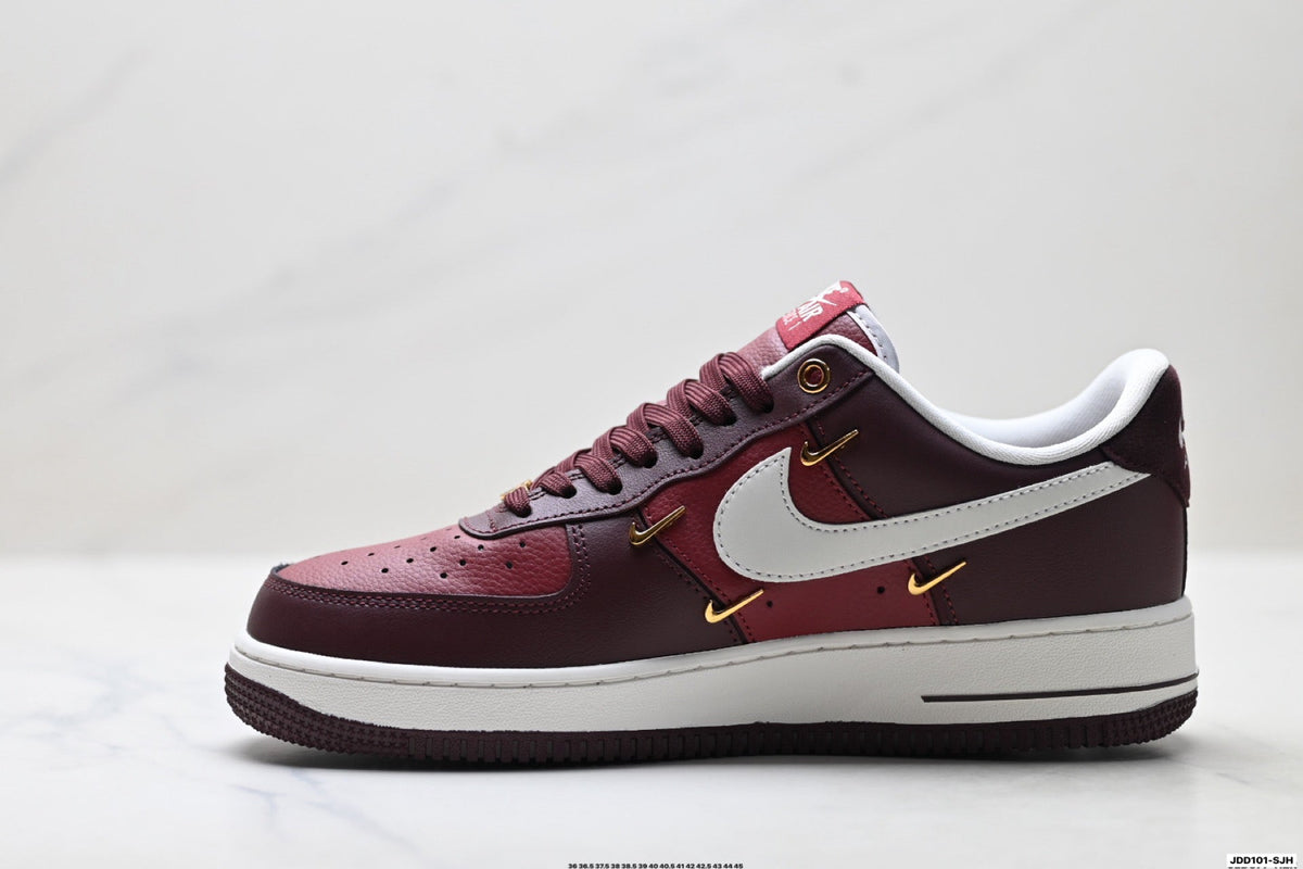 Nike Air Force 1 Low Burgundy White Gold Unisex Sneakers Style 02 detail view 4