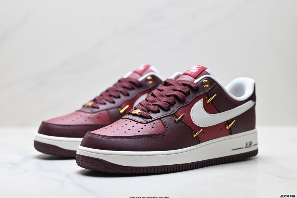 Nike Air Force 1 Low Burgundy White Gold Unisex Sneakers Style 02 detail view 5