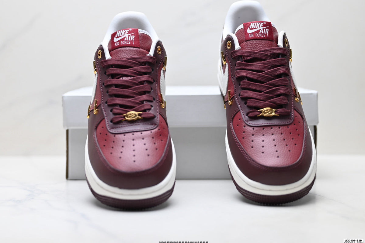 Nike Air Force 1 Low Burgundy White Gold Unisex Sneakers Style 02 detail view 8